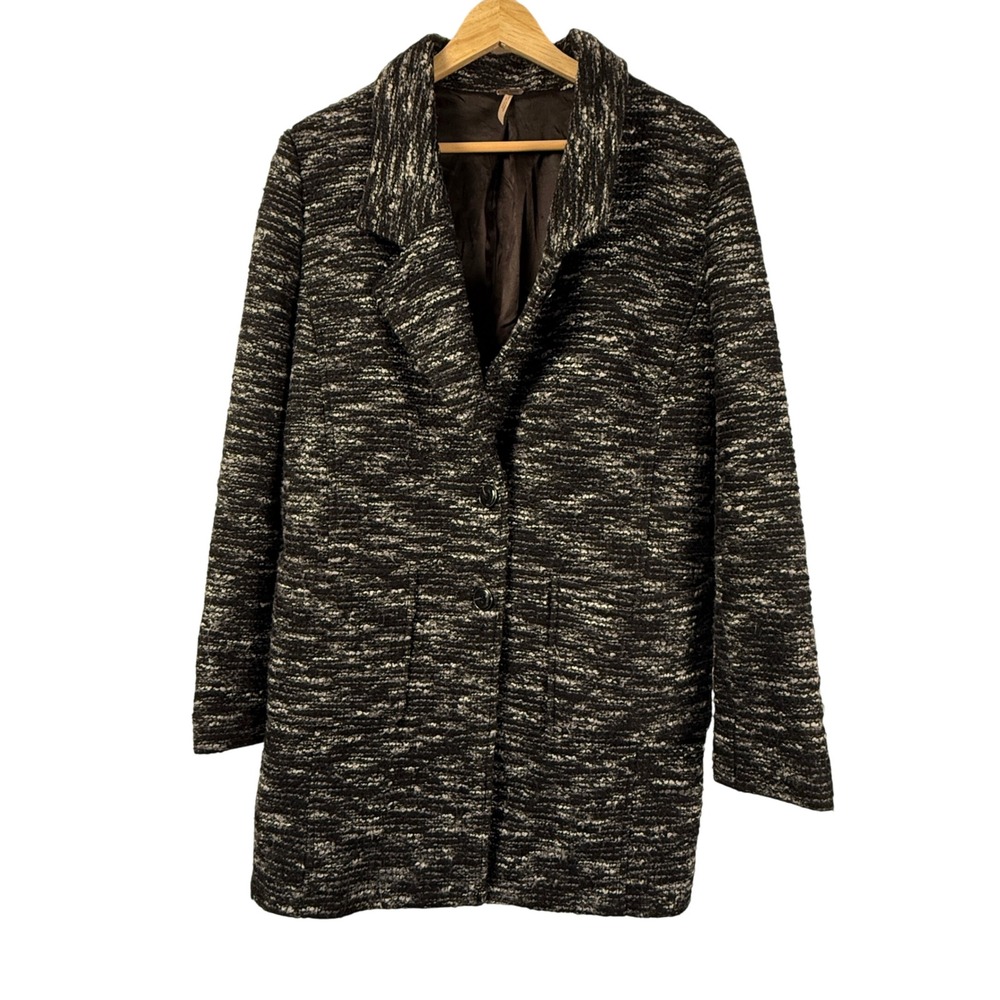 Free People Boucle Tweed Textured Overcoat Wool‎ Blend Coat Black White Womens S